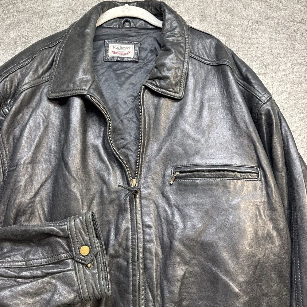 Rochester black leather jacket men's 3XT zip front bomber pockets vintage look